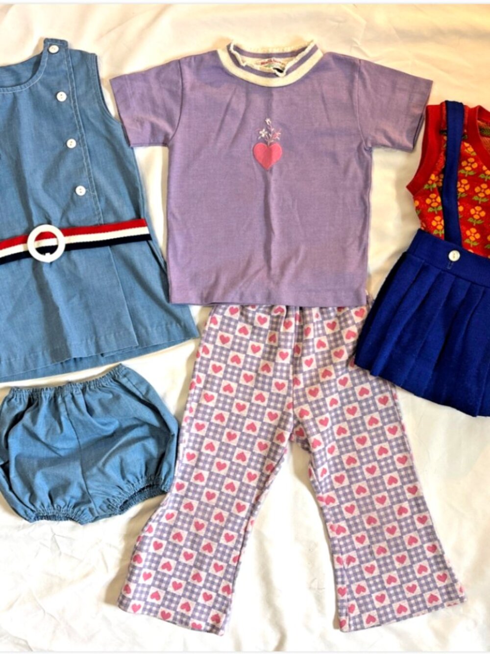 Vtg Health-Tex Girls Clothes 3T 3 Outfits 70s Skirt Bell Bottoms Hearts Flowers